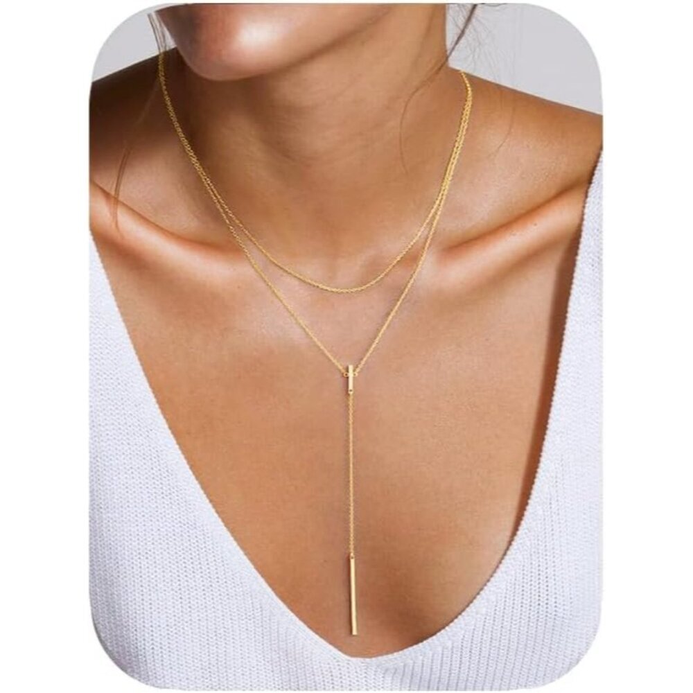 Long Lariat Necklace for Women - Dainty Y-Shaped Necklaces 14K-Gold-Plated Drop
